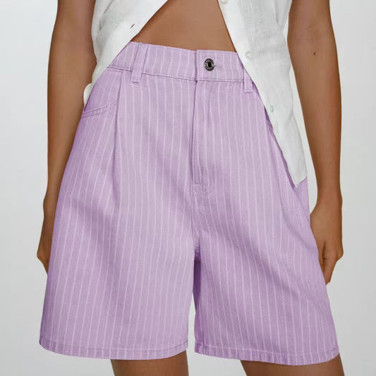 T588-1165   Casual loose striped high waisted denim shorts