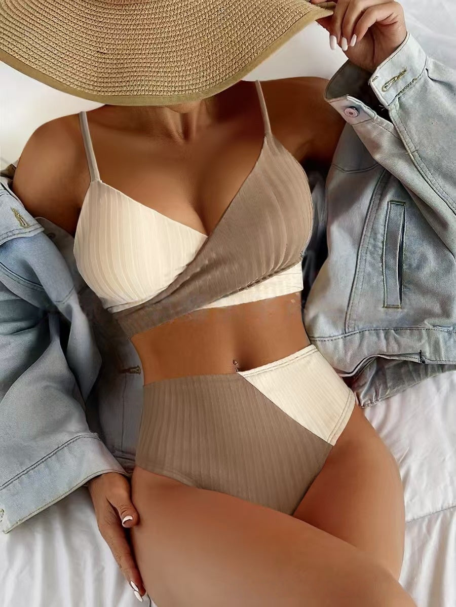 T588-1236 Double color cross thin shoulder strap split swimsuit