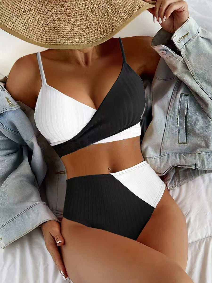 T588-1236 Double color cross thin shoulder strap split swimsuit