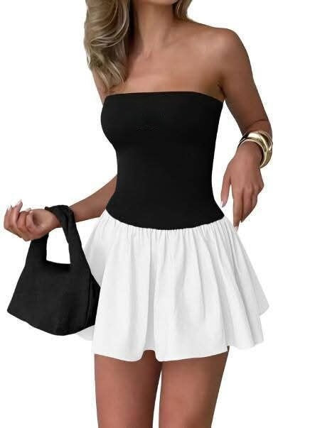 T588-947  Women's short skirt color blocked solid color strapless