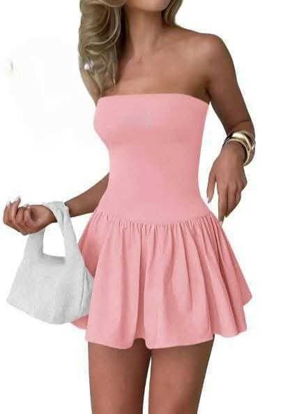 T588-947  Women's short skirt color blocked solid color strapless