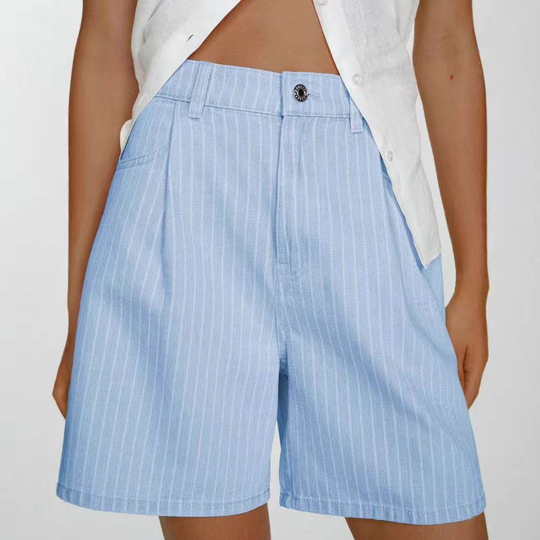 T588-1165   Casual loose striped high waisted denim shorts
