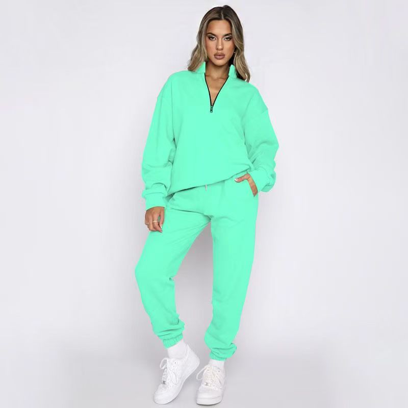 T588-812  Stand up collar pullover solid color hoodie set long sleeved