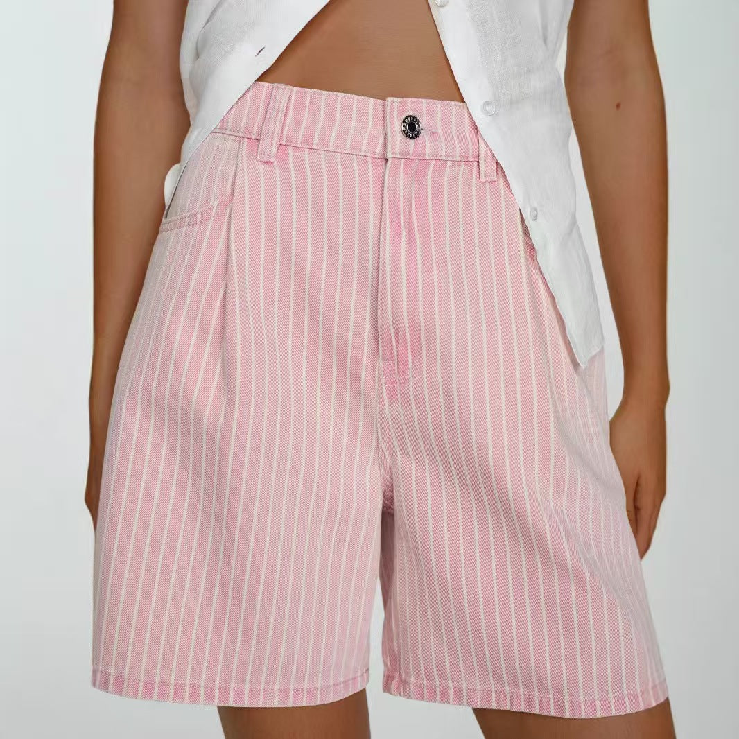 T588-1165   Casual loose striped high waisted denim shorts