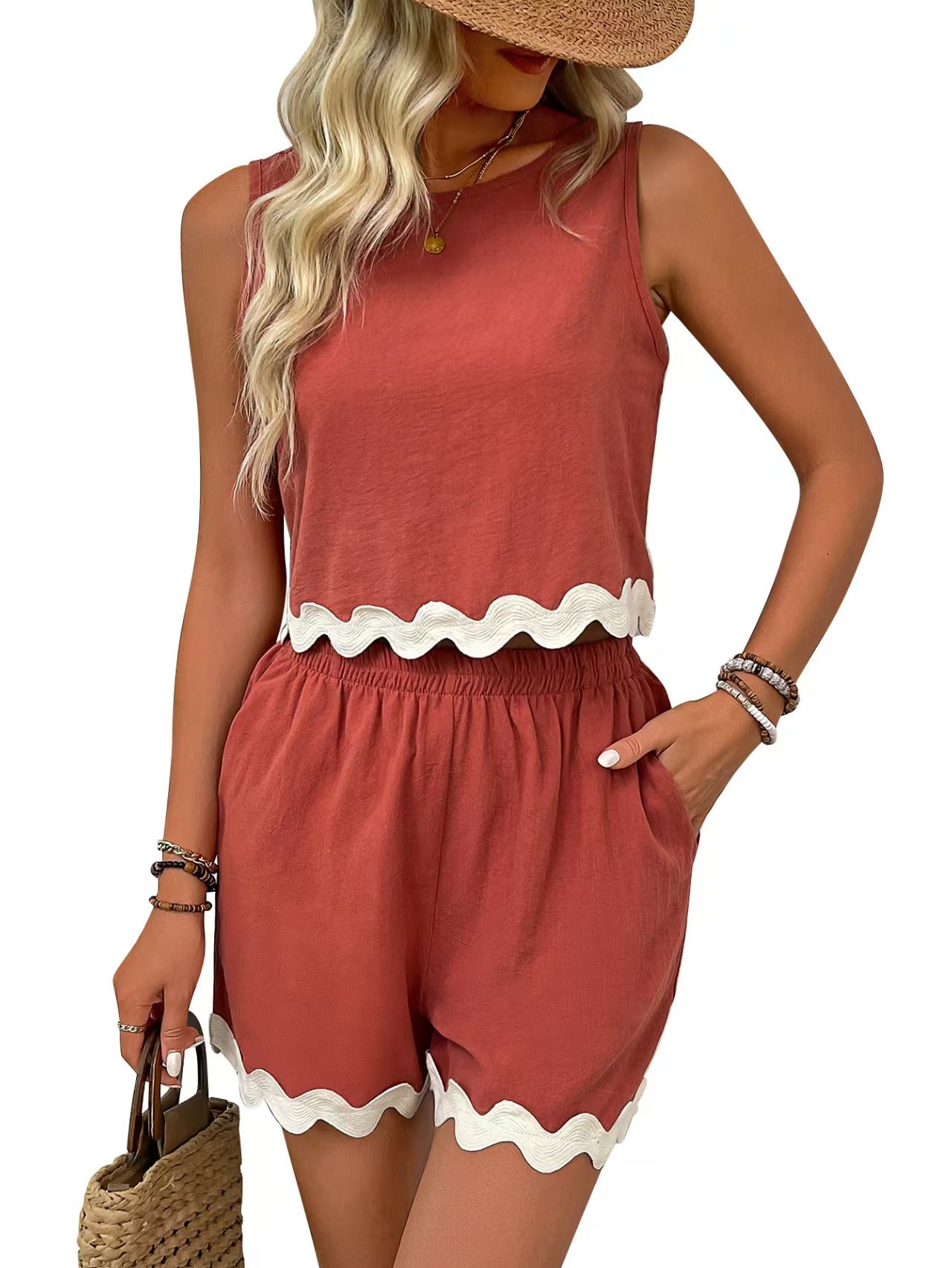 T588-1244  Lace round neck vest set, short sleeved top, short sleeved