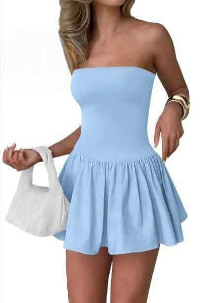 T588-947  Women's short skirt color blocked solid color strapless
