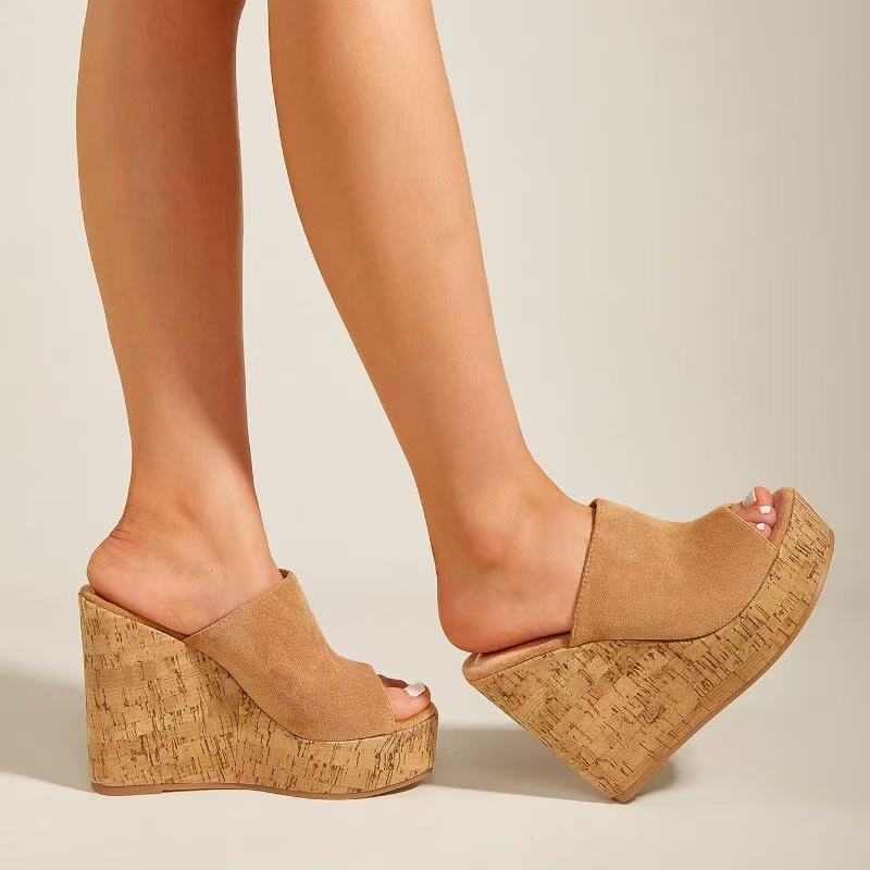 Solid color thick soled wedge sandals with cool heels E1287