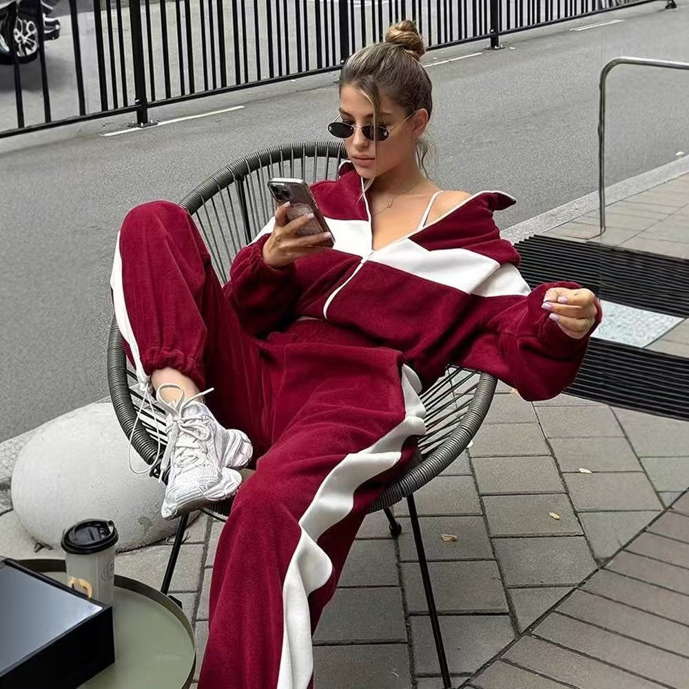 T588-748 -Casual waist cinched cardigan sweatshirt patchwork set-GYYF