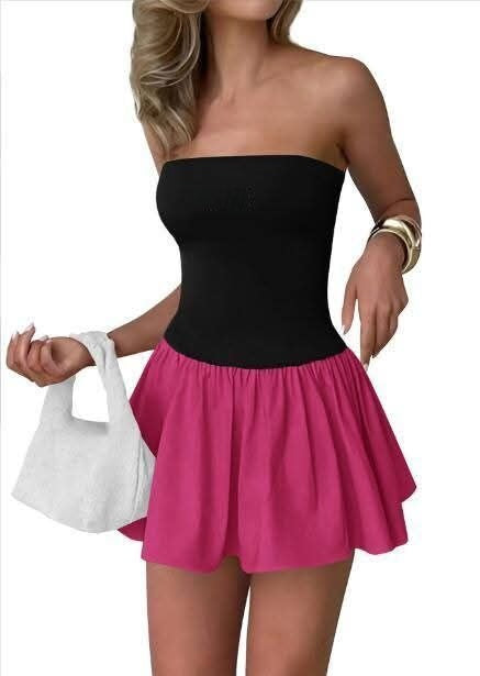 T588-947  Women's short skirt color blocked solid color strapless