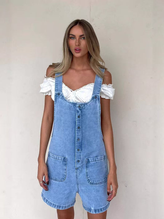 T588-1098  Cowboy overalls slim fit straight leg jumpsuit shorts