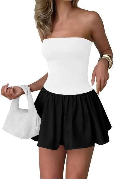 T588-947  Women's short skirt color blocked solid color strapless