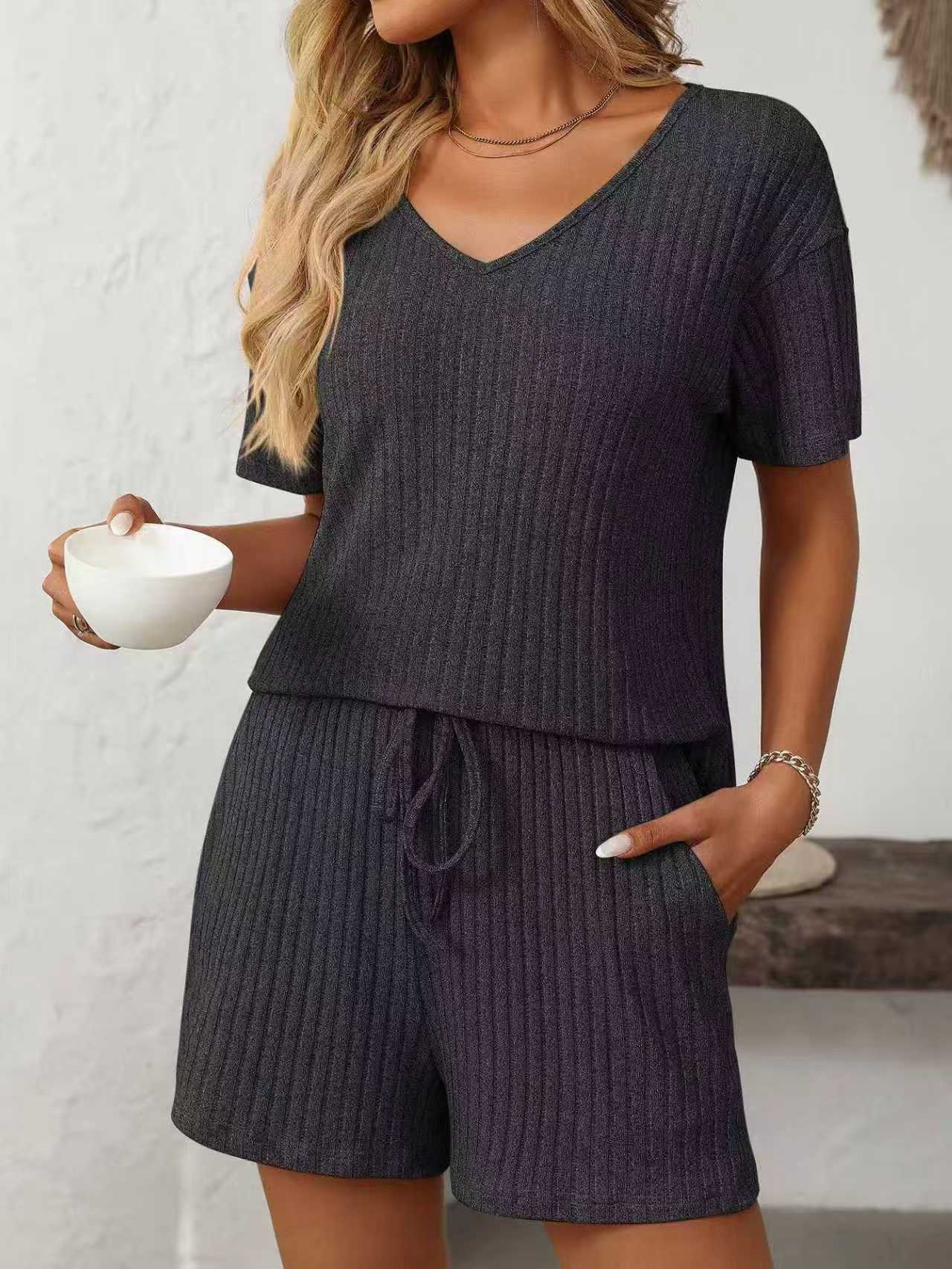 T588-913 Women's Summer Solid Color Short Sleeve Set