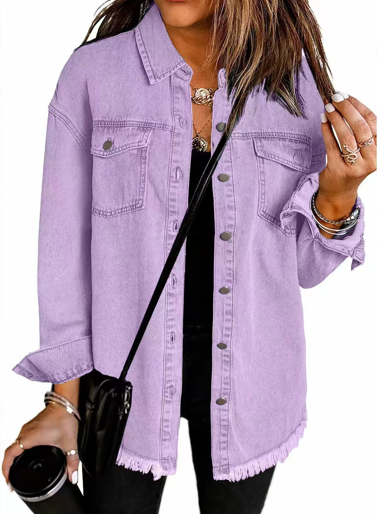 T588-610 - Button-up Frayed Hem Jacket-GYYF
