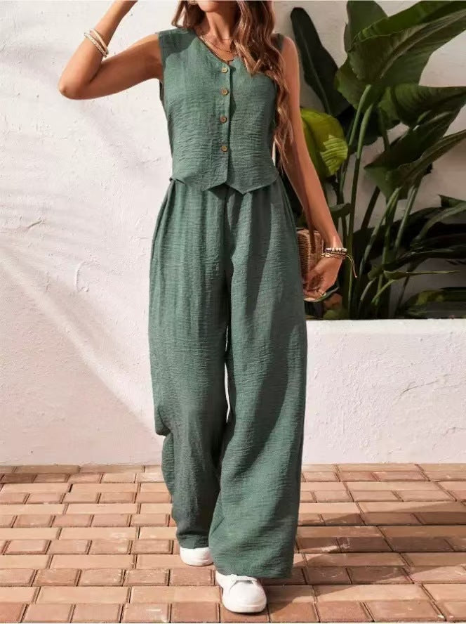 Unlimited button vest wide leg set casual solid color E1280