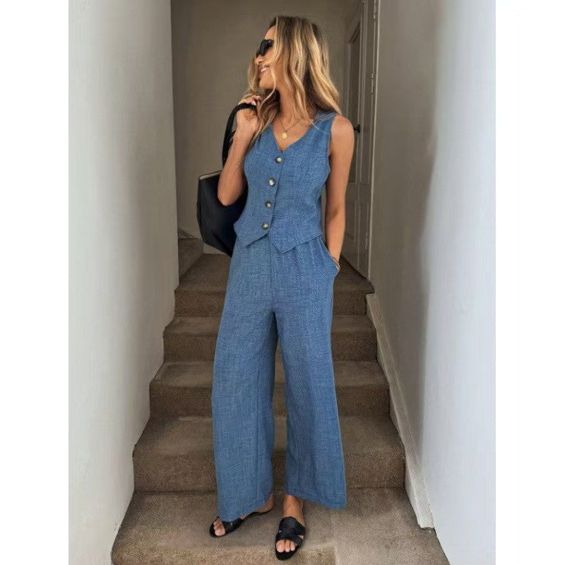 Unlimited button vest wide leg set casual solid color E1280